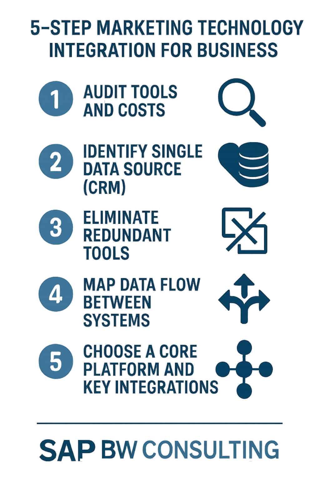 Infographic titled ‘5-Step Marketing Technology Integration for Business.’ Lists: 1) Audit tools and costs, 2) Identify single data source (CRM), 3) Eliminate redundant tools, 4) Map data flow between systems, 5) Choose a core platform and key integrations. Each step features a blue business icon. SAP BW Consulting horizontal logo at the bottom.