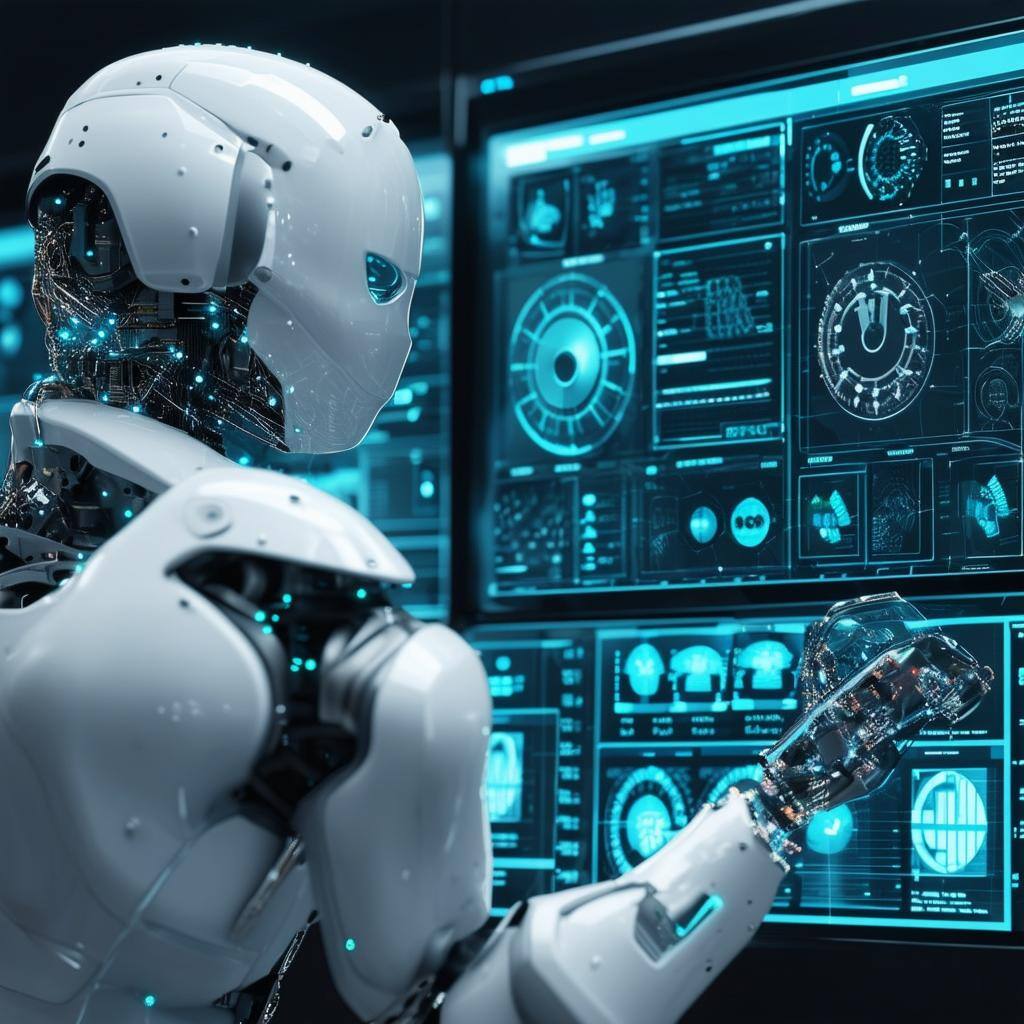 A photorealistic image of robot monitoring various hightech digital dashboards-1