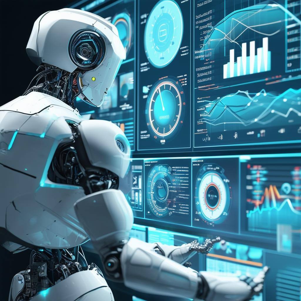 A photorealistic image of robot monitoring various hightech digital dashboards