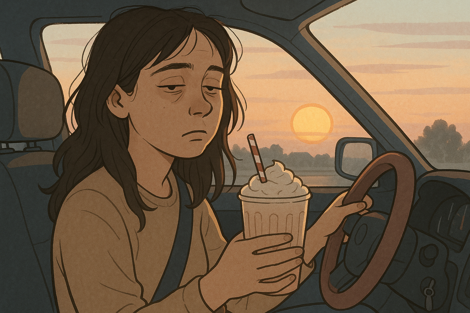 A sleepy looking woman with a Milkshake driving to work early in the morning