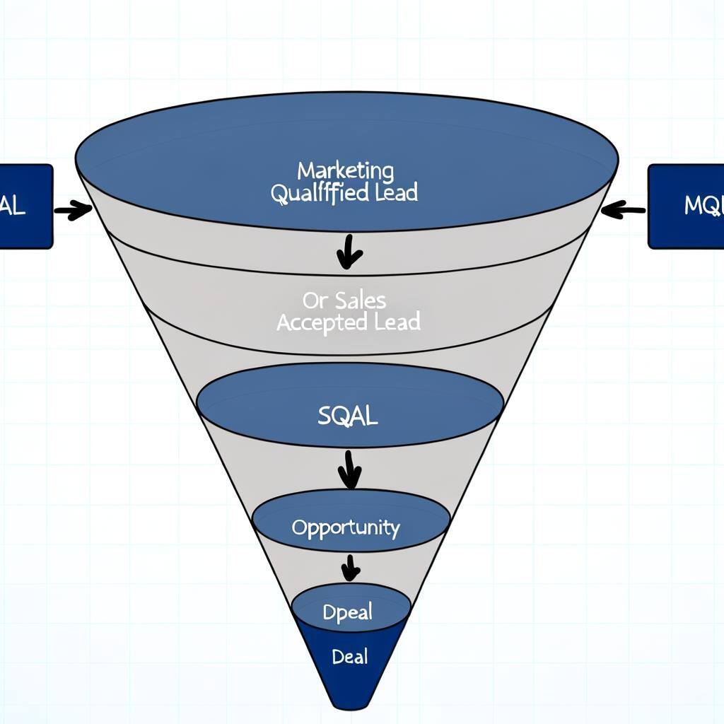 Create a picture of a sales funnel with these stages MQL, SQL, Opportunity, Deal-1