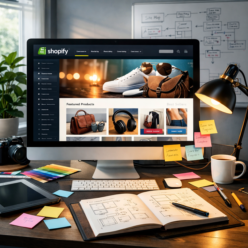 In a sleek modern workspace a large computer monitor glows with a vibrant Shopify website interface showcasing a visually striking ecommerce site fill-1