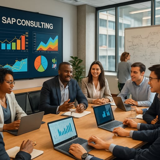 The image depicts a bustling modern office environment filled with professionals engaged in discussions and collaborative work A diverse group of individuals representing various ethnicities and genders sits around a large conference table surrounded-1