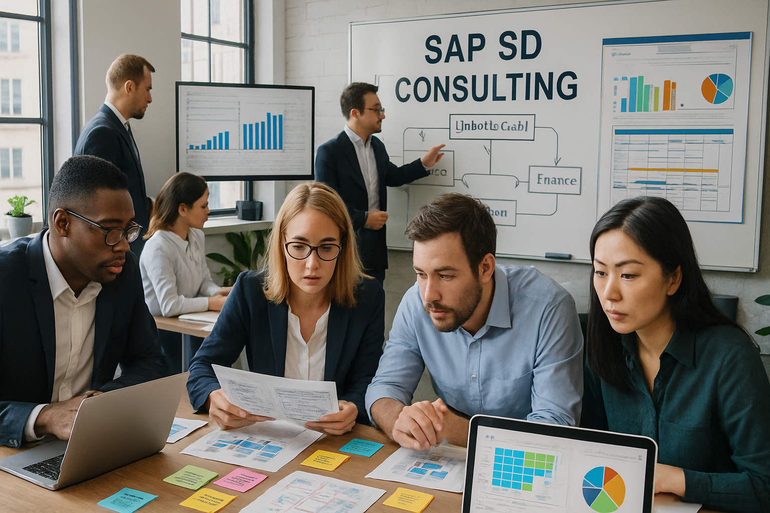 The image depicts a busy office environment filled with professionals engaged in various activities related to SAP Sales and Distribution SD consultin-1