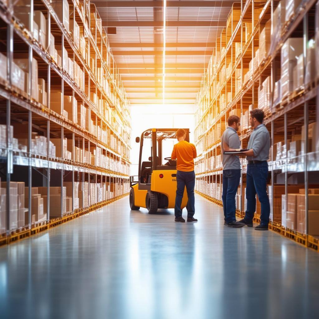 The image depicts a busy warehouse filled with neatly organized shelves stocked with various products