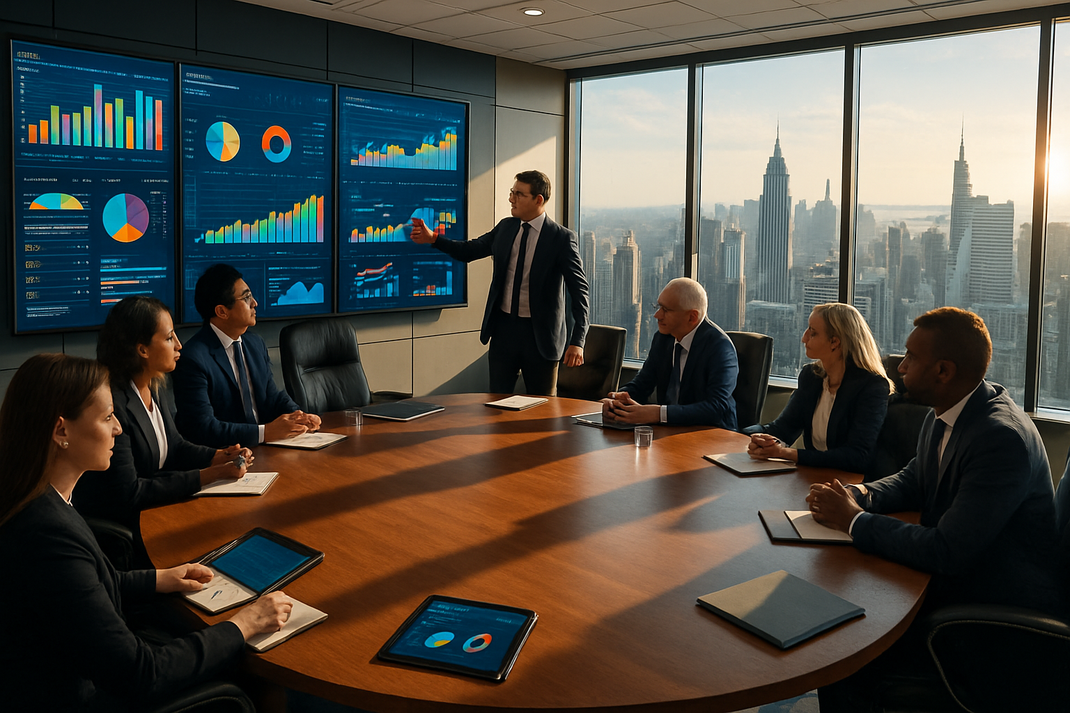 The image depicts a modern corporate boardroom with a large oval table at its center surrounded by highbacked leather chairs The walls are adorned wit-1