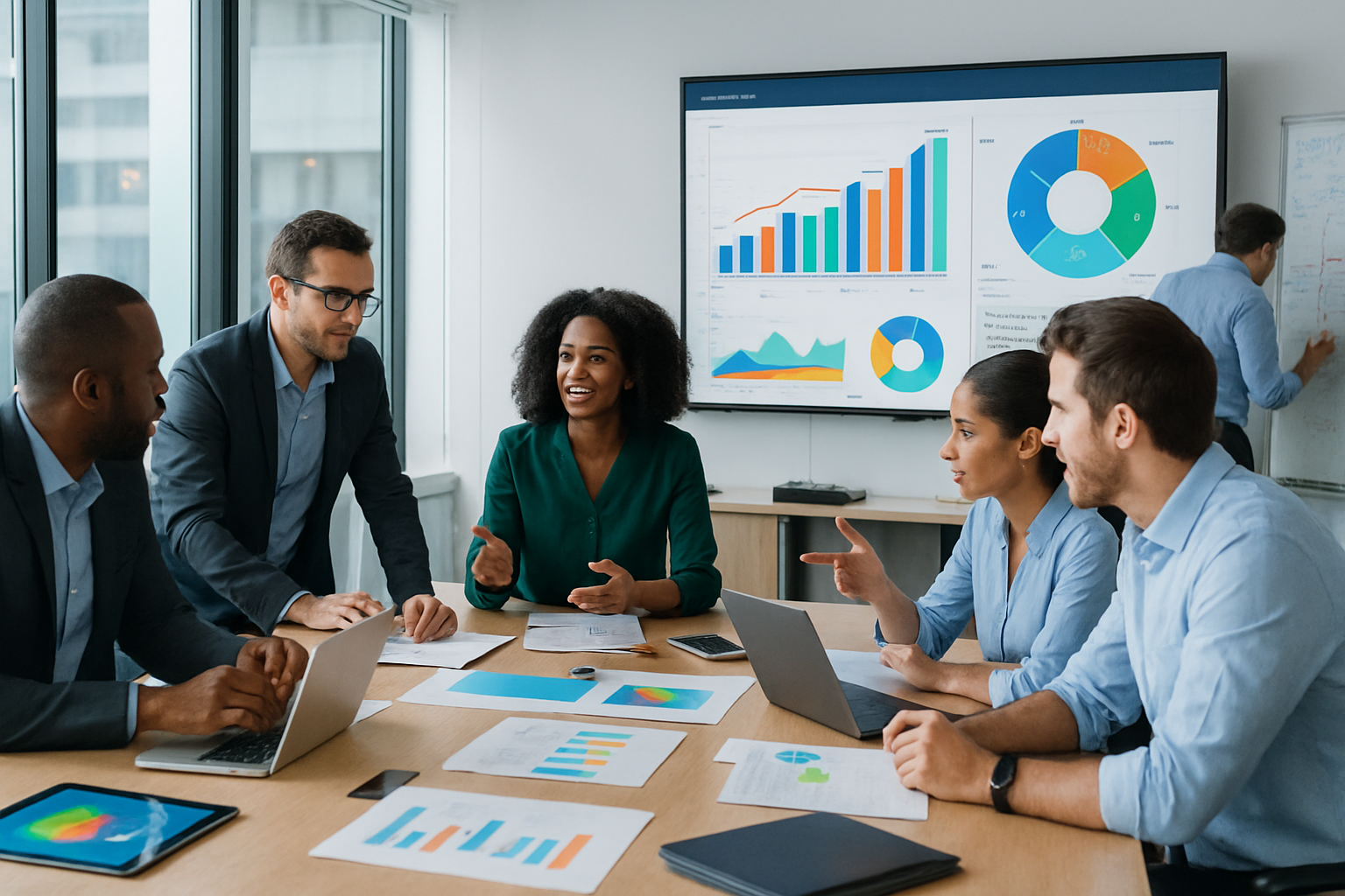 The image depicts a modern corporate office environment bustling with activity In the foreground a diverse group of professionalsmen and women of vary-1