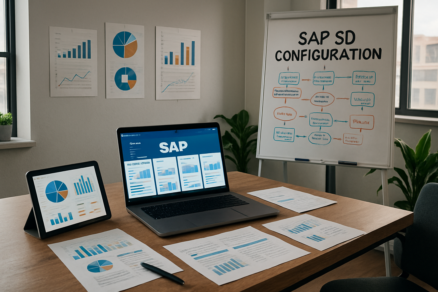The image depicts a modern office workspace centered around a large wooden desk cluttered with various documents a laptop and a tablet displaying an S-1