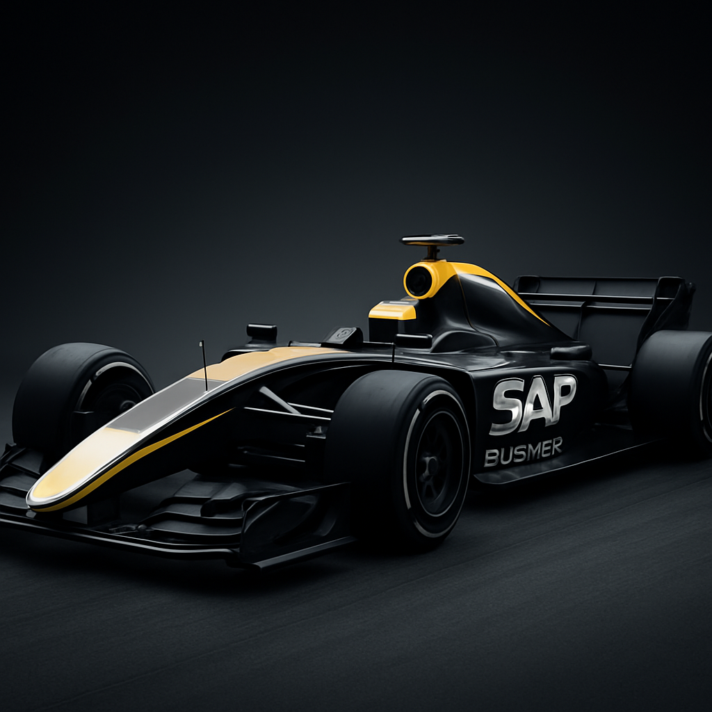 The image depicts a sleek Formula 1 Style Race car that says SAP Business Performance Machine down the side The image should convey that SAP is how you make your business run faster smarter and most importantly more profitably-1