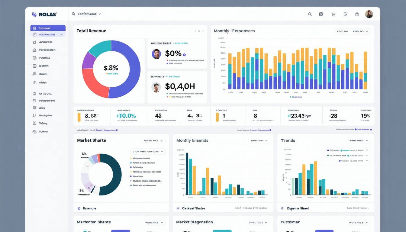 The image depicts a sleek modern executive dashboard displayed on a large highresolution screen The dashboard features a minimalist design with a predominantly white background and vibrant colored graphs and charts that highlight key performance indi-1