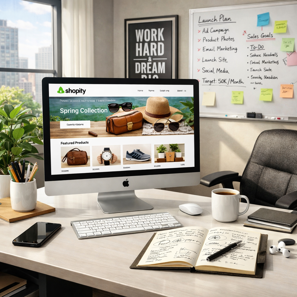 The image features a sleek modern workspace designed for ecommerce professionals A large computer screen displays a vibrant Shopify website showcasing