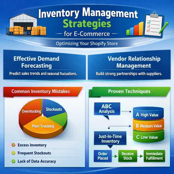 The image presents a visually engaging infographic focused on inventory management strategies for ecommerce particularly tailored for Shopify users Th-1