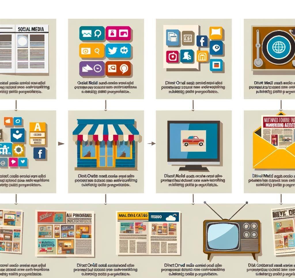 create an infographic that shows all of these marketing channels social media channels, print media, print ads, physical stores, direct mail, mail ord-2-1