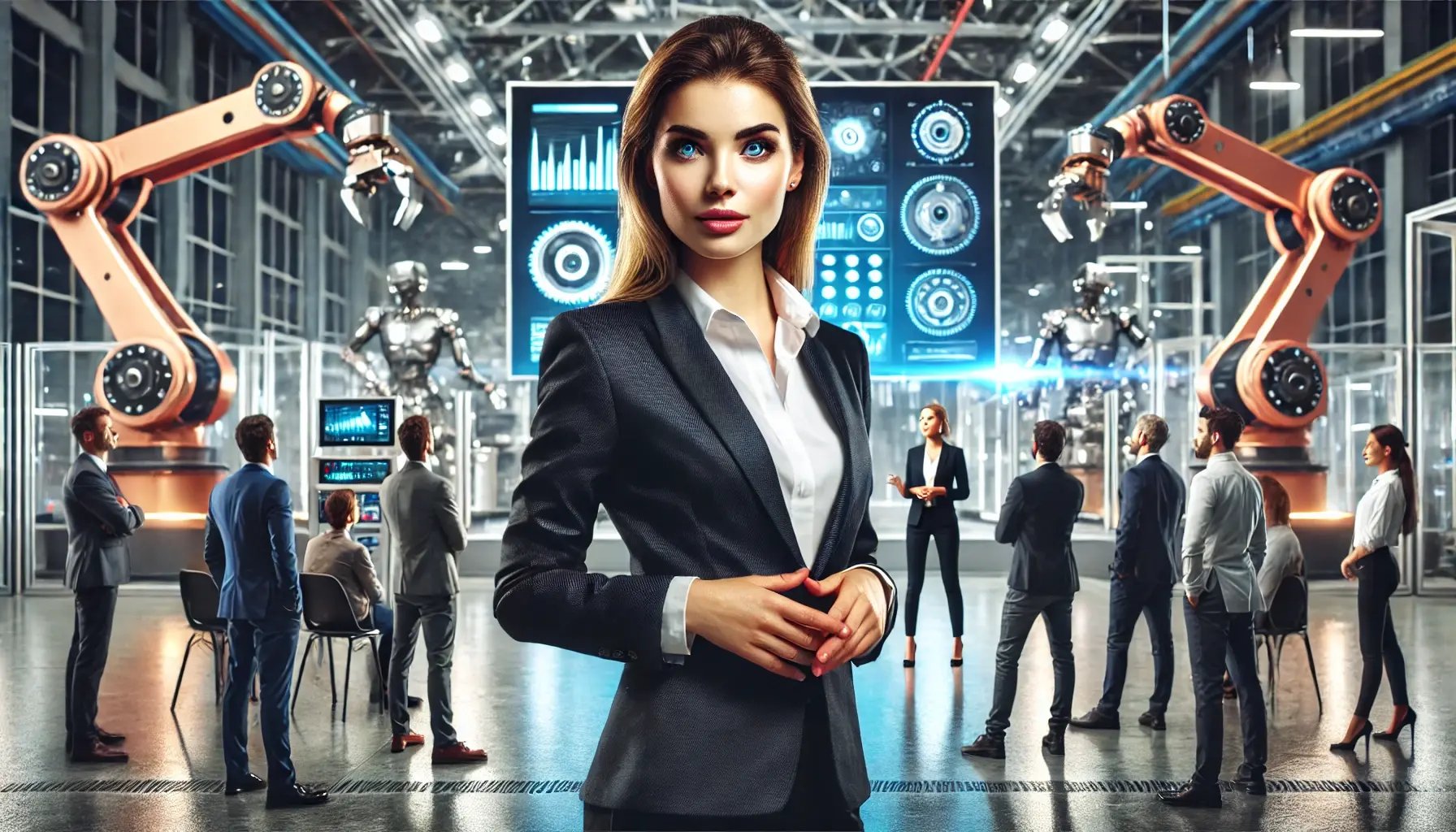 DALL·E 2024-11-28 08.32.47 - A wide aspect ratio image of a professional woman with striking blue eyes, dressed in formal business attire, confidently addressing a group of people