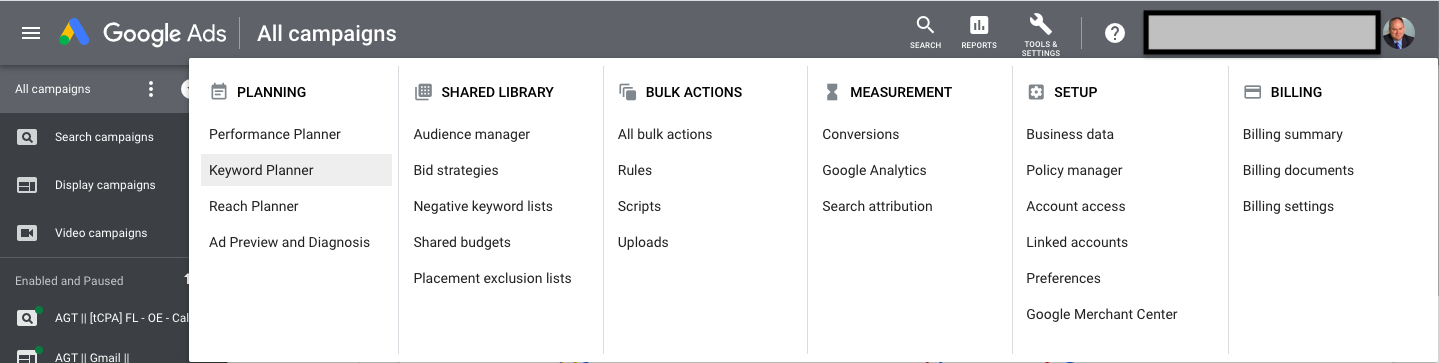 Google Keyword Planner Menu Access