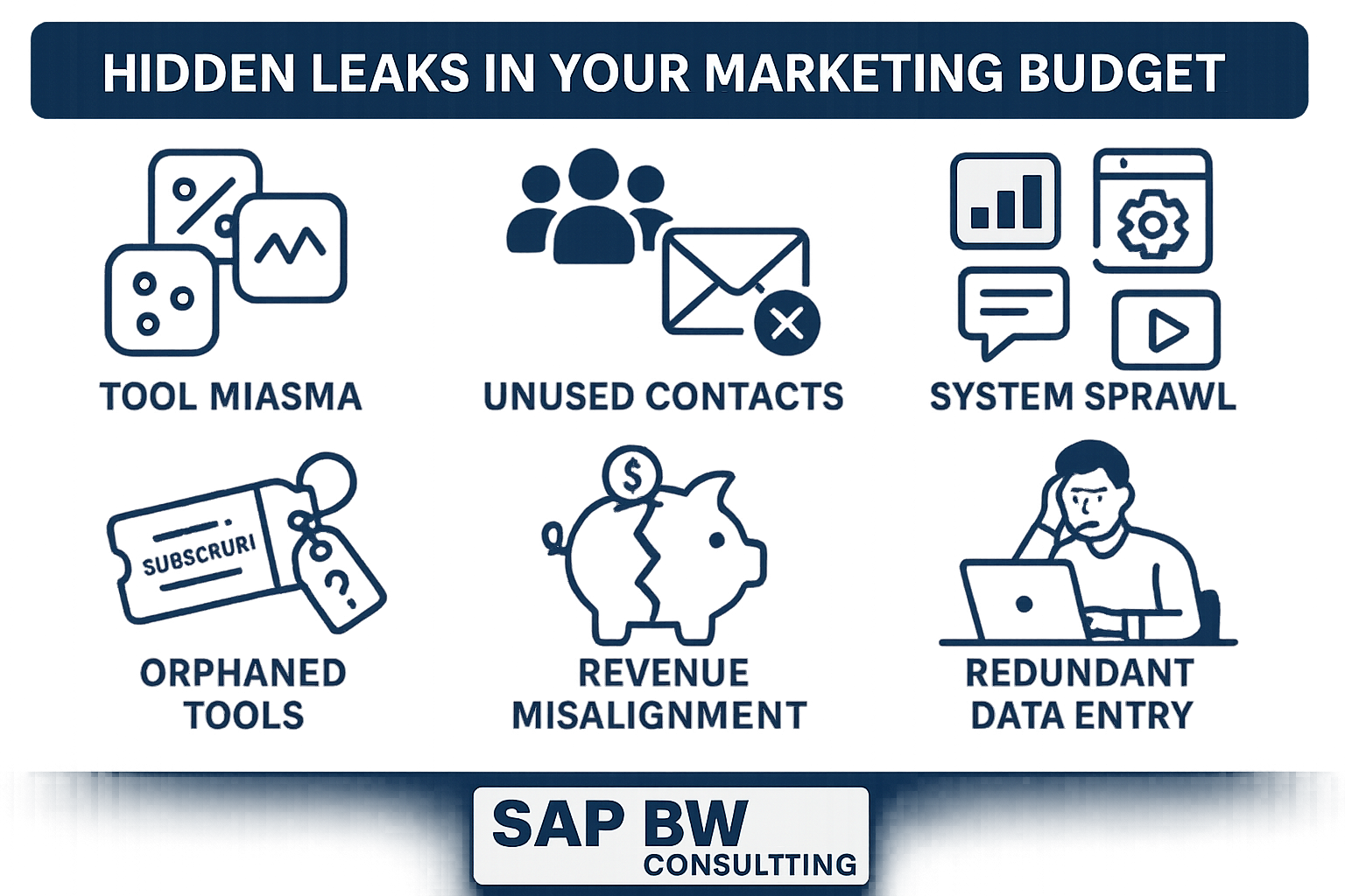 Infographic labeled ‘Hidden Leaks in Your Marketing Budget.’ Six blue icons: tool miasma, unused contacts, system sprawl, orphaned tools, revenue misalignment, and redundant data entry. SAP BW Consulting horizontal logo at the bottom.
