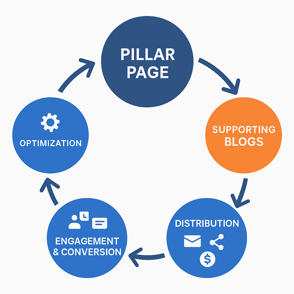 HubSpot Content Cluster Flywheel showing connected relationship between pillar pages, supporting blogs, distribution, and optimization.