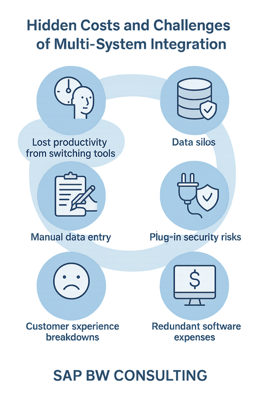 Infographic titled ‘The Real Costs of Multi-System Integration Problems.’ The left column lists hidden costs—manual re-entry, missed communication, redundant tools, security vulnerabilities, and data silos. The right column shows business impact—lost sales, poor customer experience, regulatory risk, mounting subscriptions, and staff frustration. Uses SAP BW Consulting blue, icons for each point, and horizontal logo at the bottom.