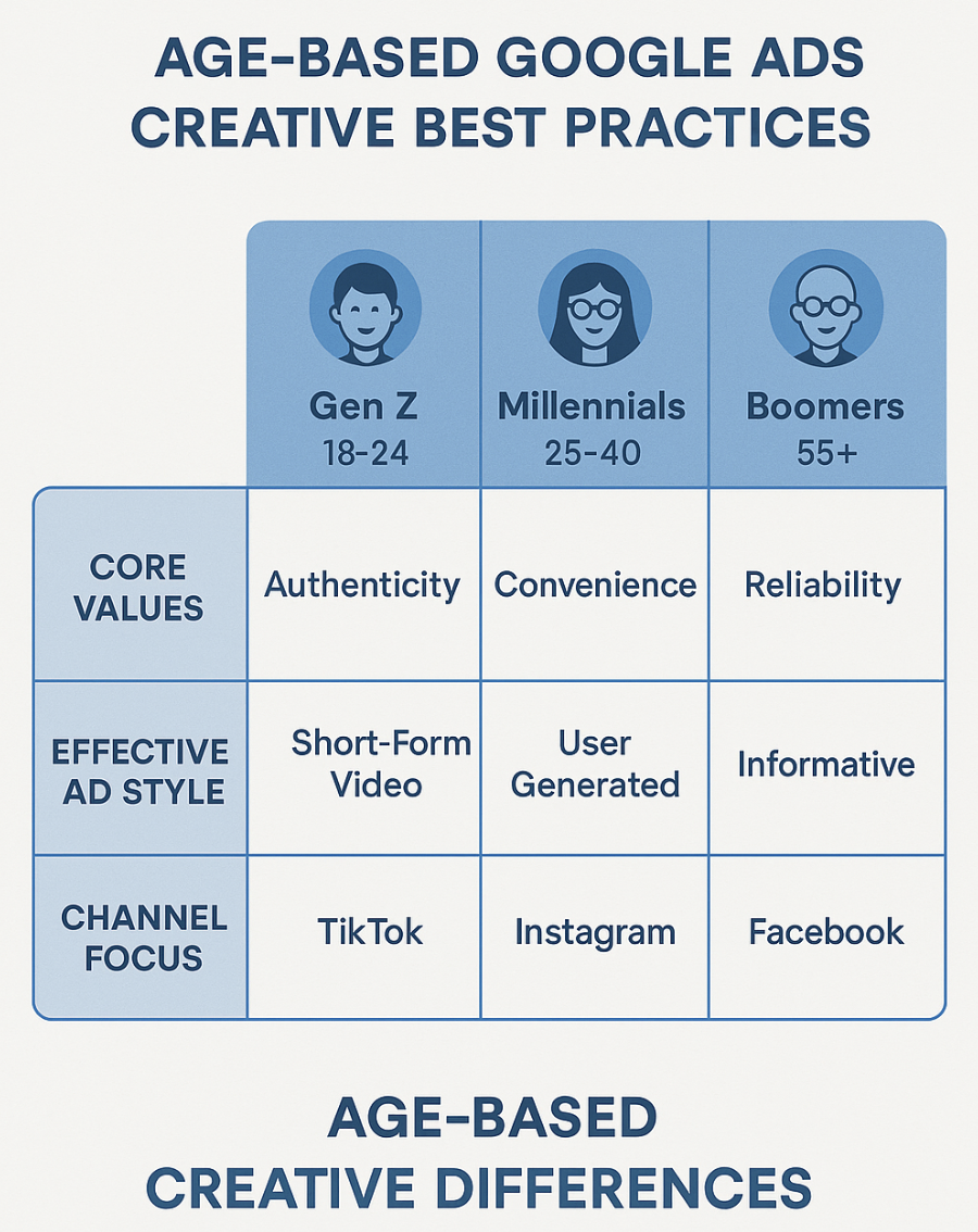 Comparison chart of Gen Z, Millennials, and Boomers showing optimal ad styles, channels, and value messaging by age group.