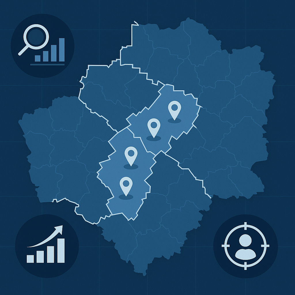 Map-style infographic illustrating how territory mapping identifies target service areas and clusters in a specific industry example.