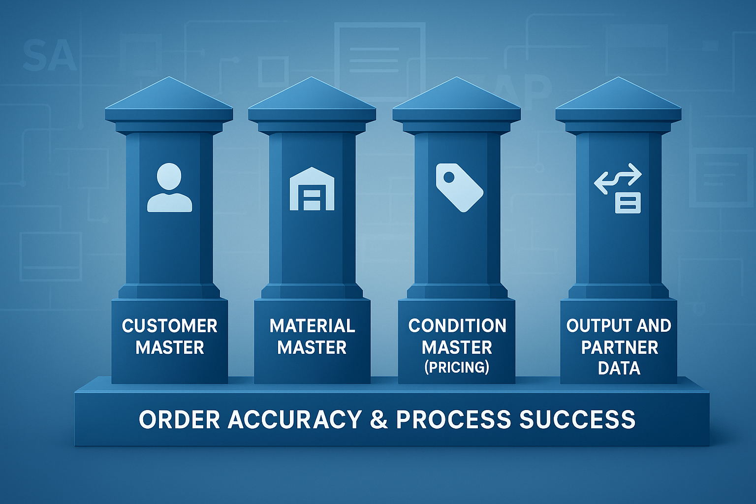 Visual showing Customer Master, Material Master, Condition Master, and Output & Partner Data as the four foundational pillars for accurate SAP order processing