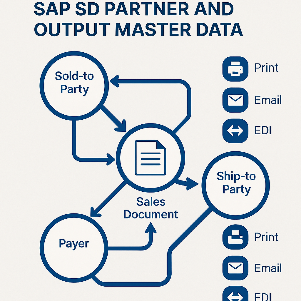 Graphic showing how Sold-to, Ship-to, Bill-to, and Payer roles connect to a central SAP sales document, with icons representing print, email, and EDI output channels for each role.