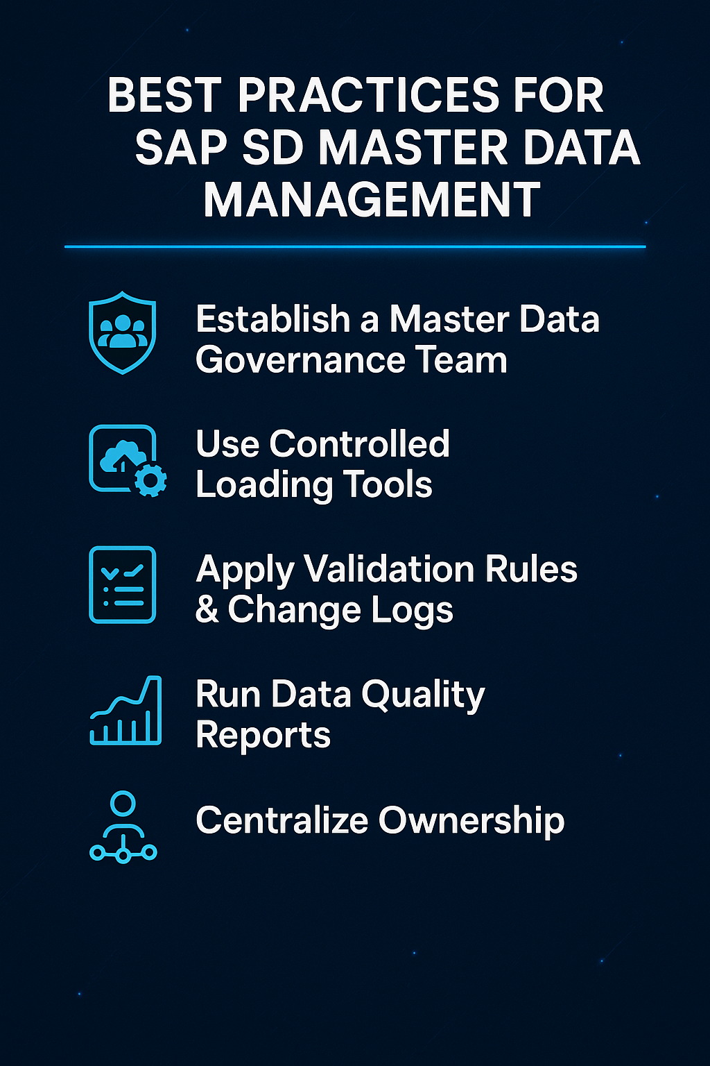 Professional dark blue infographic listing SAP SD master data best practices—Establish a Master Data Governance Team, Use Controlled Loading Tools, Apply Validation Rules & Change Logs, Run Data Quality Reports, and Centralize Ownership, each with a modern icon.