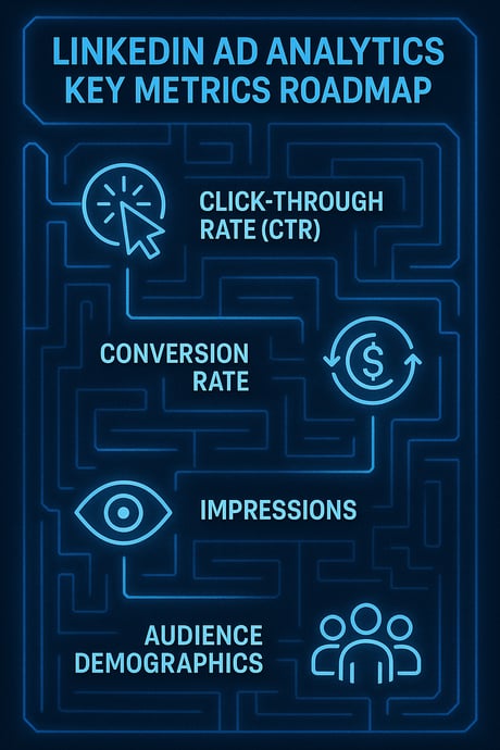 A high-tech infographic visually mapping Click-Through Rate, Conversion Rate, Impressions, and Audience Demographics as interconnected milestones on the LinkedIn Ad Analytics journey.