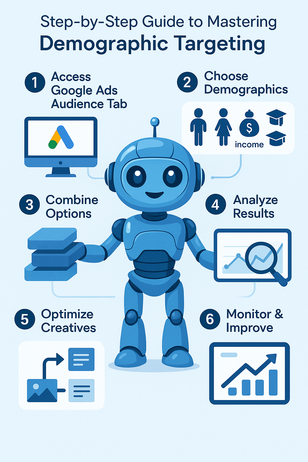 Infographic step-by-step guide to mastering demographic targeting in Google Ads, guided by a friendly blue robot, showing stages from setup to optimization.