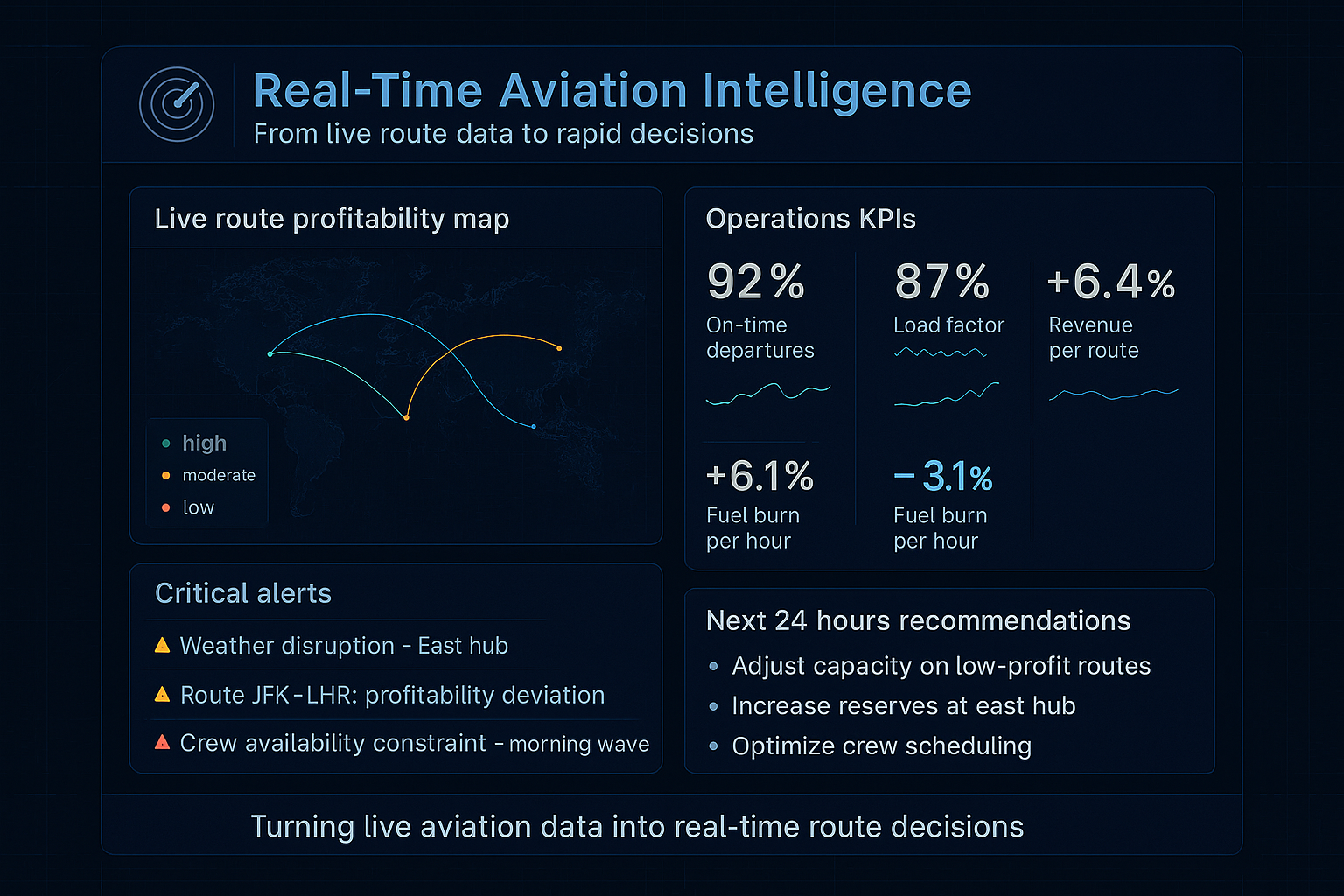 Real-time aviation intelligence dashboard showing live airline route profitability, operational KPIs, disruption alerts, and recommendations in a dark blue high-tech design.