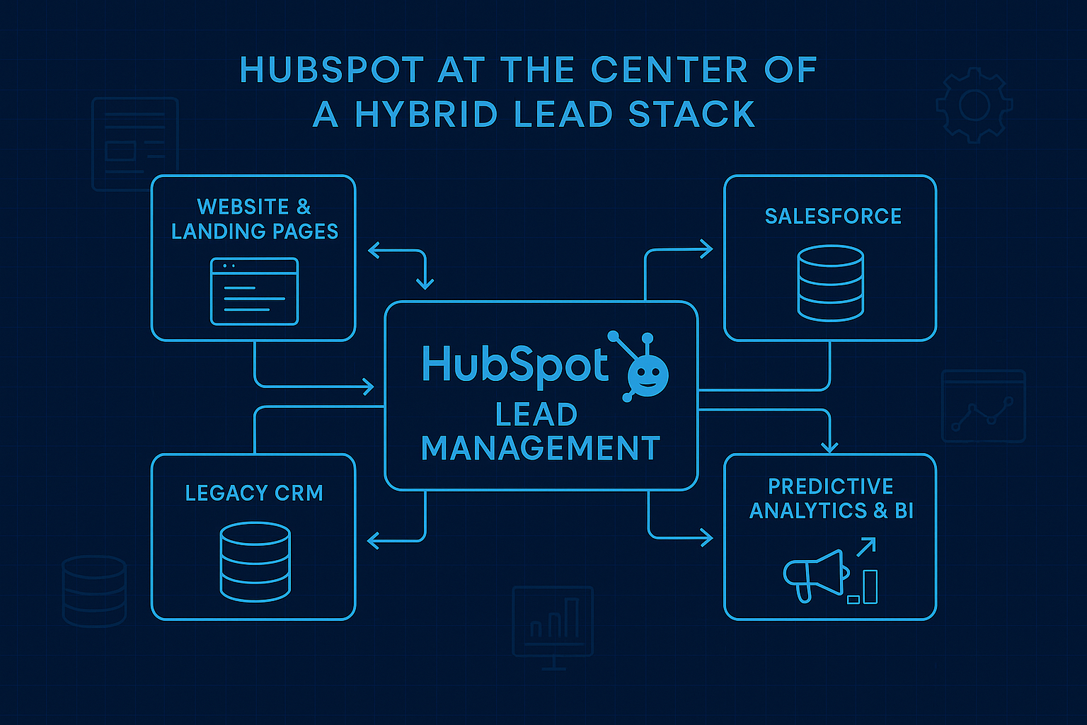 High-tech blue integration schematic titled HubSpot at the Center of a Hybrid Lead Stack, showing HubSpot lead management connected to website and landing pages, legacy CRM, Salesforce, marketing channels, and predictive analytics and BI, with a friendly robot highlighting HubSpot as the intelligent hub of lead management in HubSpot.