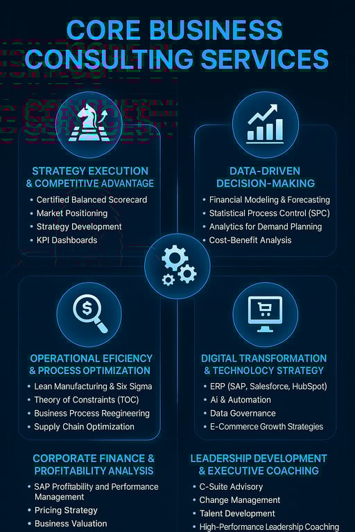 Infographic summarizing core MBA business consulting services, organized as six value pillars with icons representing strategy execution, analytics, operational efficiency, finance, digital transformation, and leadership development.