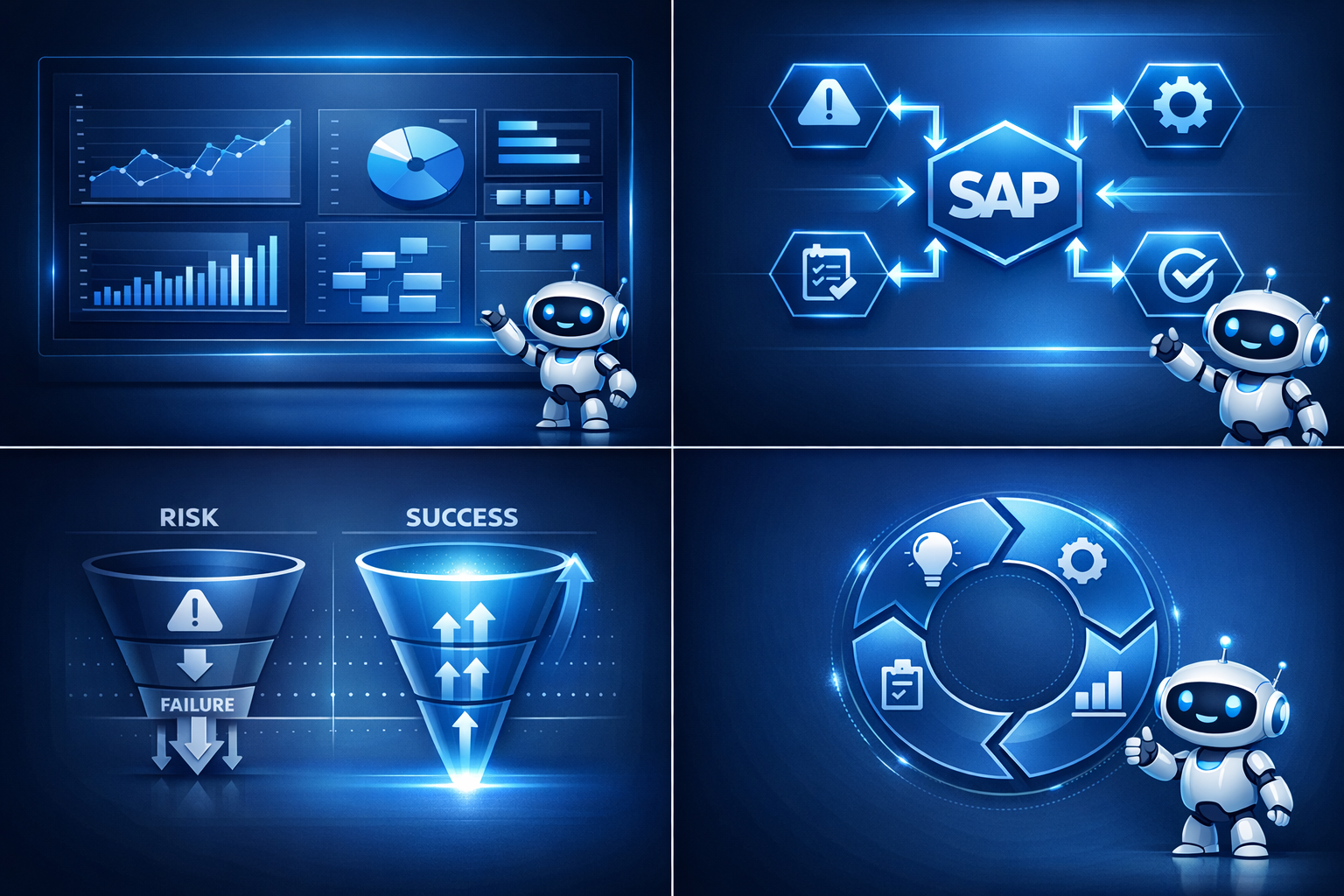 High-tech blue infographic summarizing the author’s SAP project manager credentials, certifications, and industry experience with a friendly robot highlighting key badges.