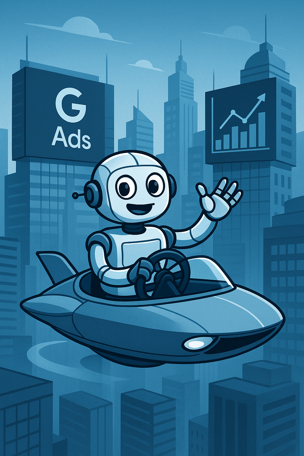 Friendly robot mascot confidently driving a Jetsons-style flying car above a futuristic city with Google Ads and analytics visuals, rendered in high-tech professional blue tones.