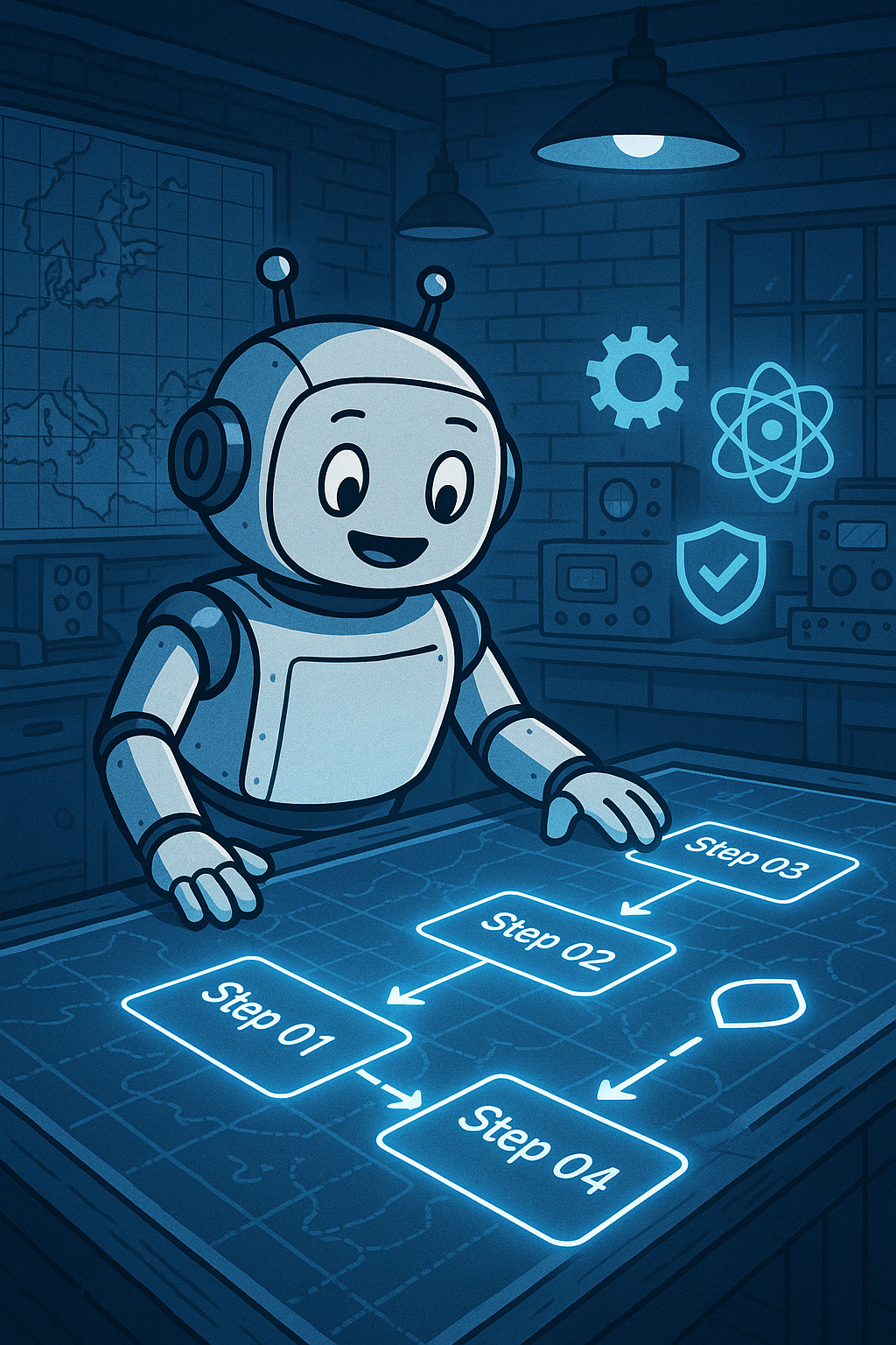 Friendly robot mascot in a WWII-style war room, analyzing a glowing blue strategy map labeled with methodology steps, surrounded by vintage technology and digital process icons.
