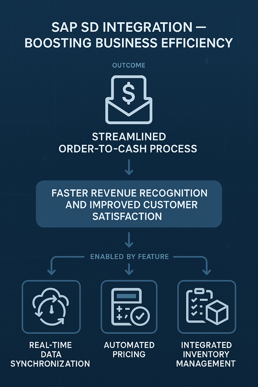 Infographic illustrating how SAP SD Integration streamlines order to cash, delivers faster revenue recognition, improves customer satisfaction, and is enabled by real-time data, automated pricing, and integrated inventory management.