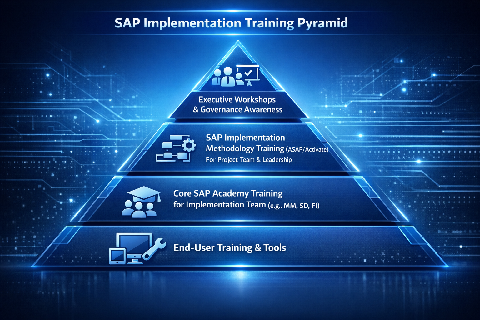 High-tech blue pyramid diagram illustrating multiple levels of SAP training from executive workshops and methodology training to core consultant academies and end-user training.