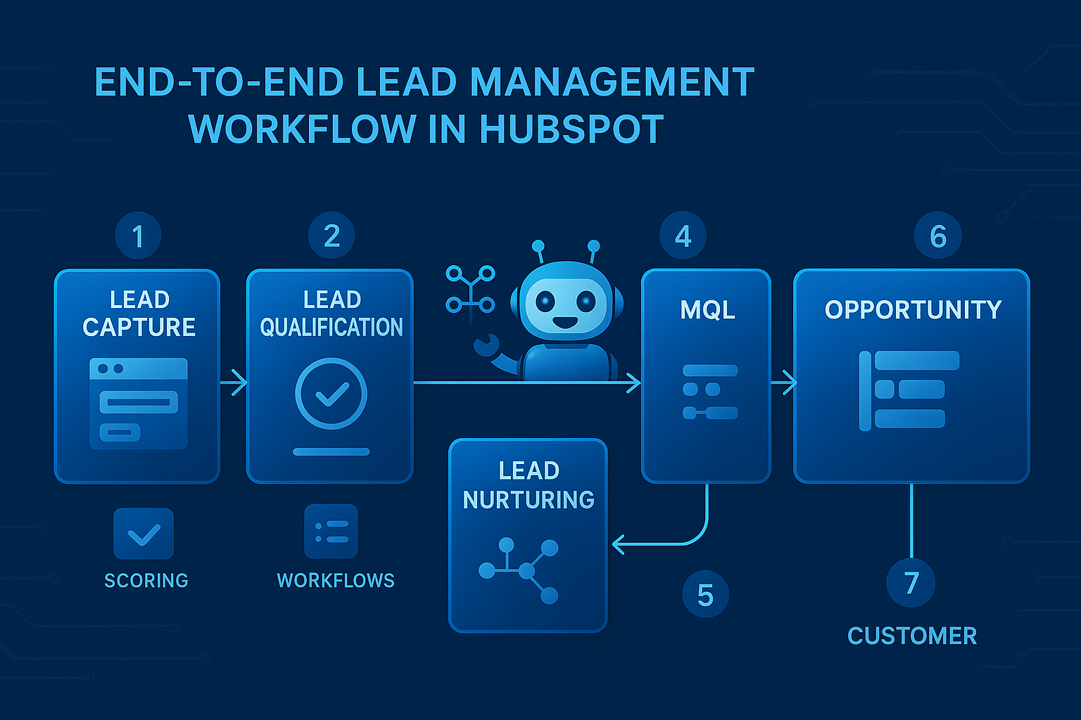 High-tech blue horizontal process diagram titled End to End Lead Management Workflow in HubSpot, showing stages from lead capture and qualification through nurturing, MQL, SQL, opportunity, and customer, with a friendly robot overseeing automated workflows as part of lead management in HubSpot.