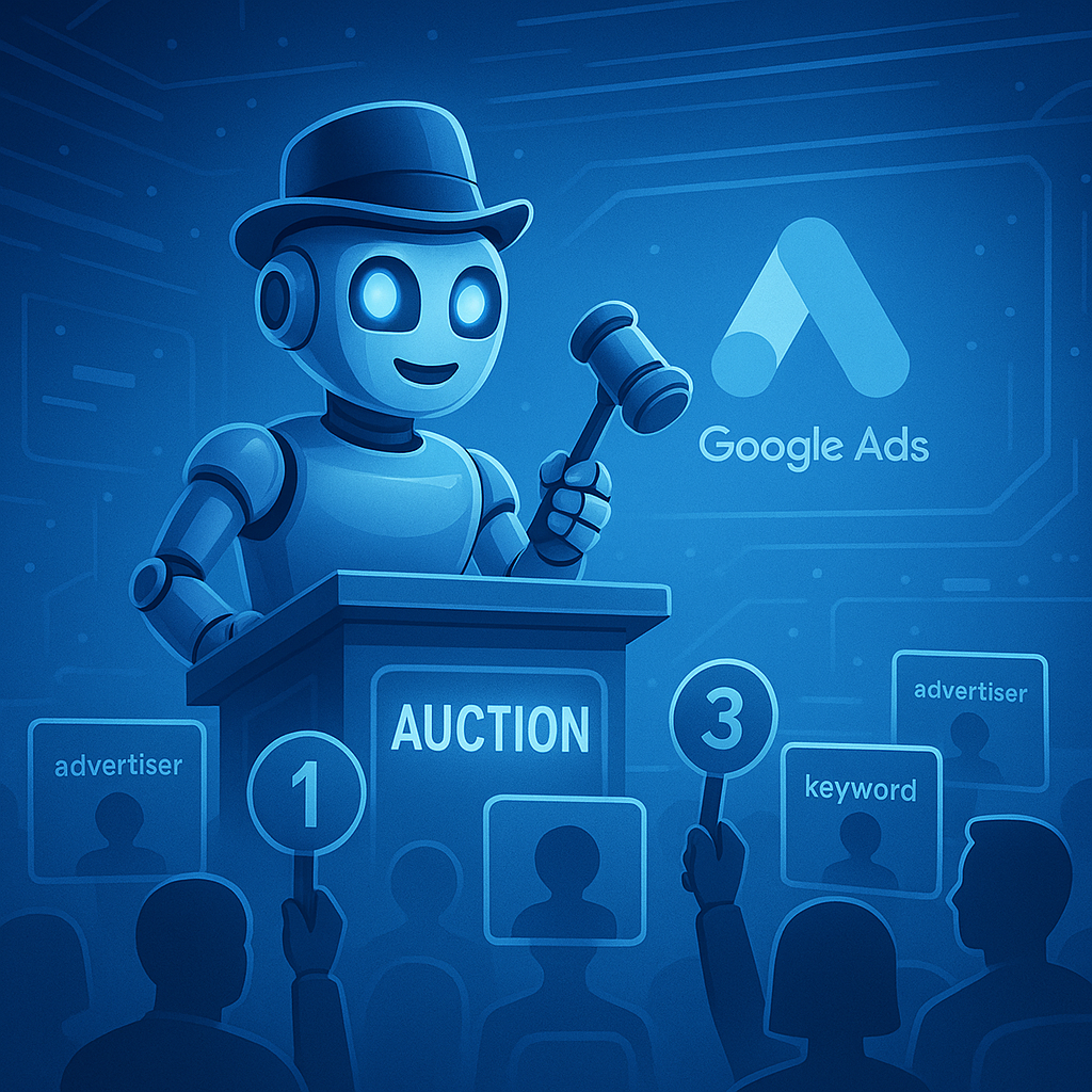 Friendly robot as an auctioneer in a high-tech blue-themed setting, orchestrating a Google Ads auction with bidders representing keywords and advertisers.