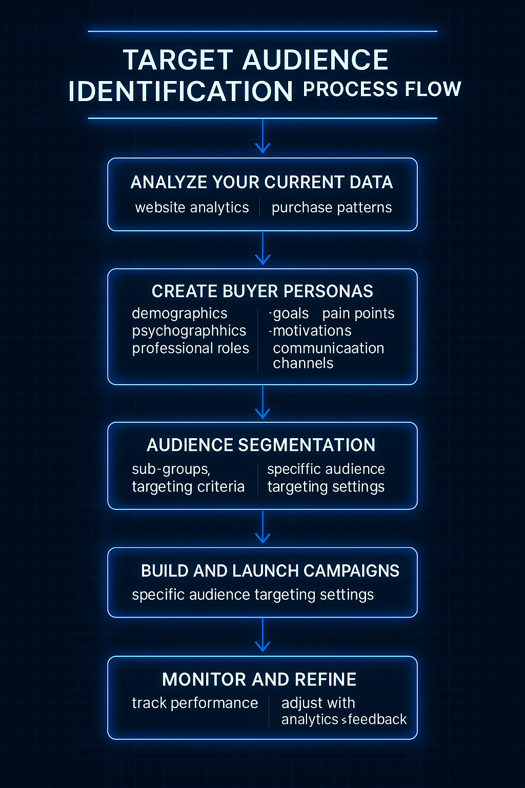 Flowchart showing the steps of target audience identification for Google Ads, including data analysis, persona creation, segmentation, and audience refinement, designed in a blue high-tech style.