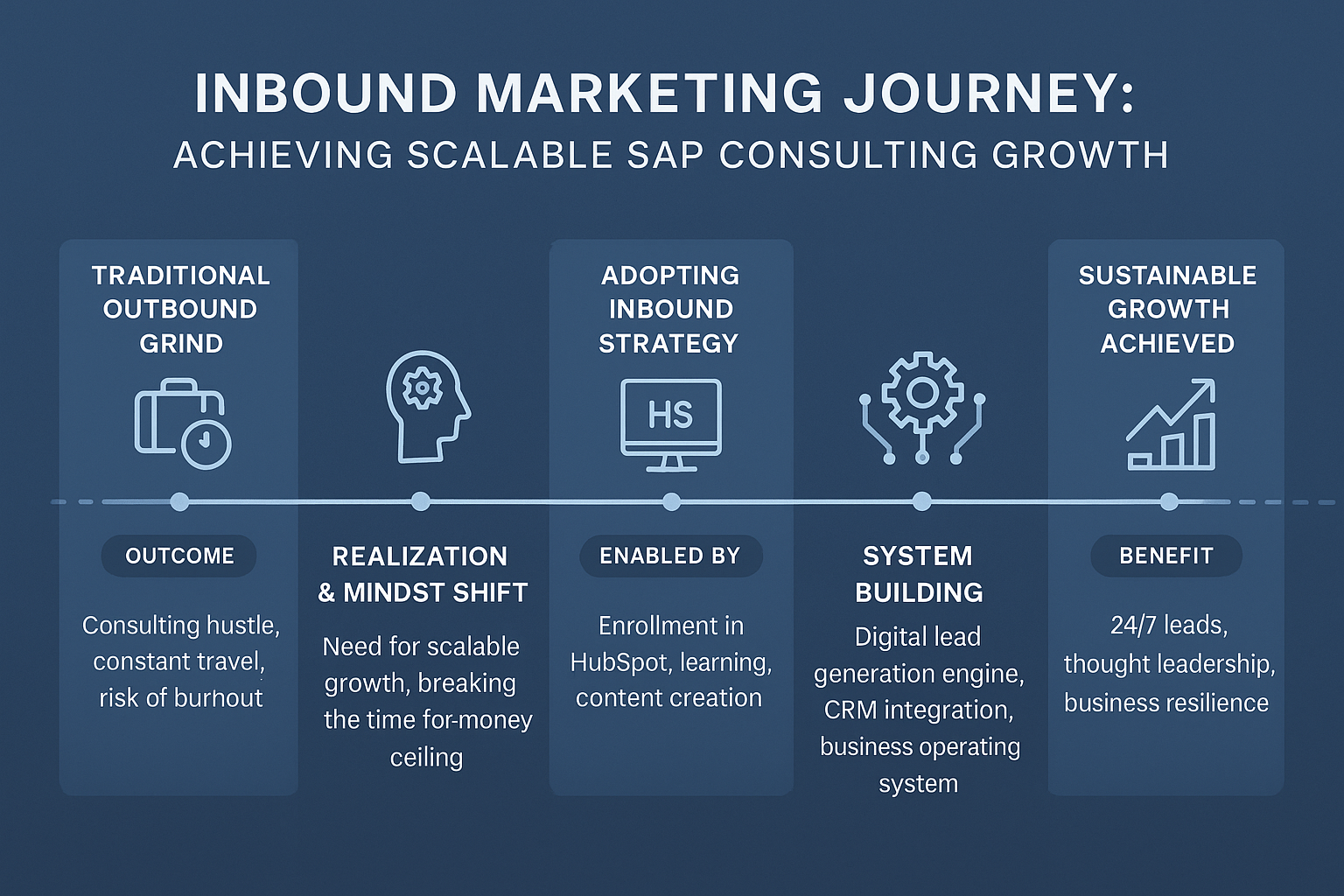 Infographic showing the inbound marketing journey for SAP consultants, from traditional outbound grind and mindset shift, to adopting inbound strategy and achieving sustainable business growth.