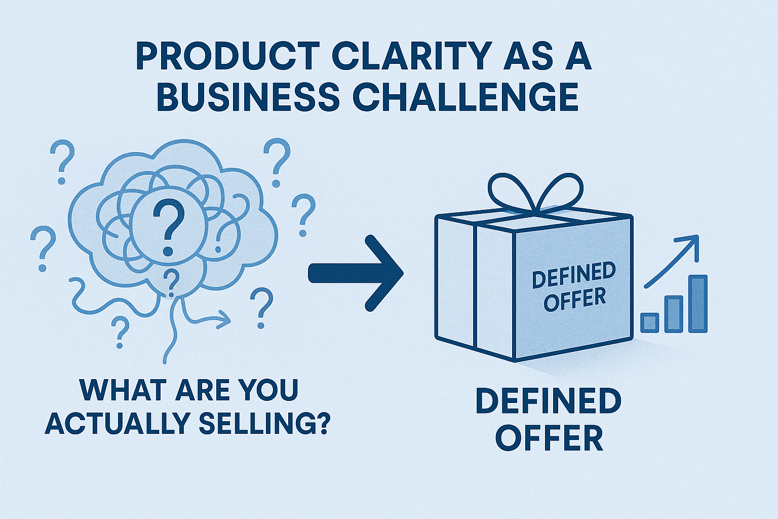 Visual contrasting confusion about business offerings—a tangled cloud of question marks labeled ‘What Are You Actually Selling?’—with a clearly labeled package and upward arrow showing a ‘Defined Offer’, illustrating the product clarity challenge for CEOs.