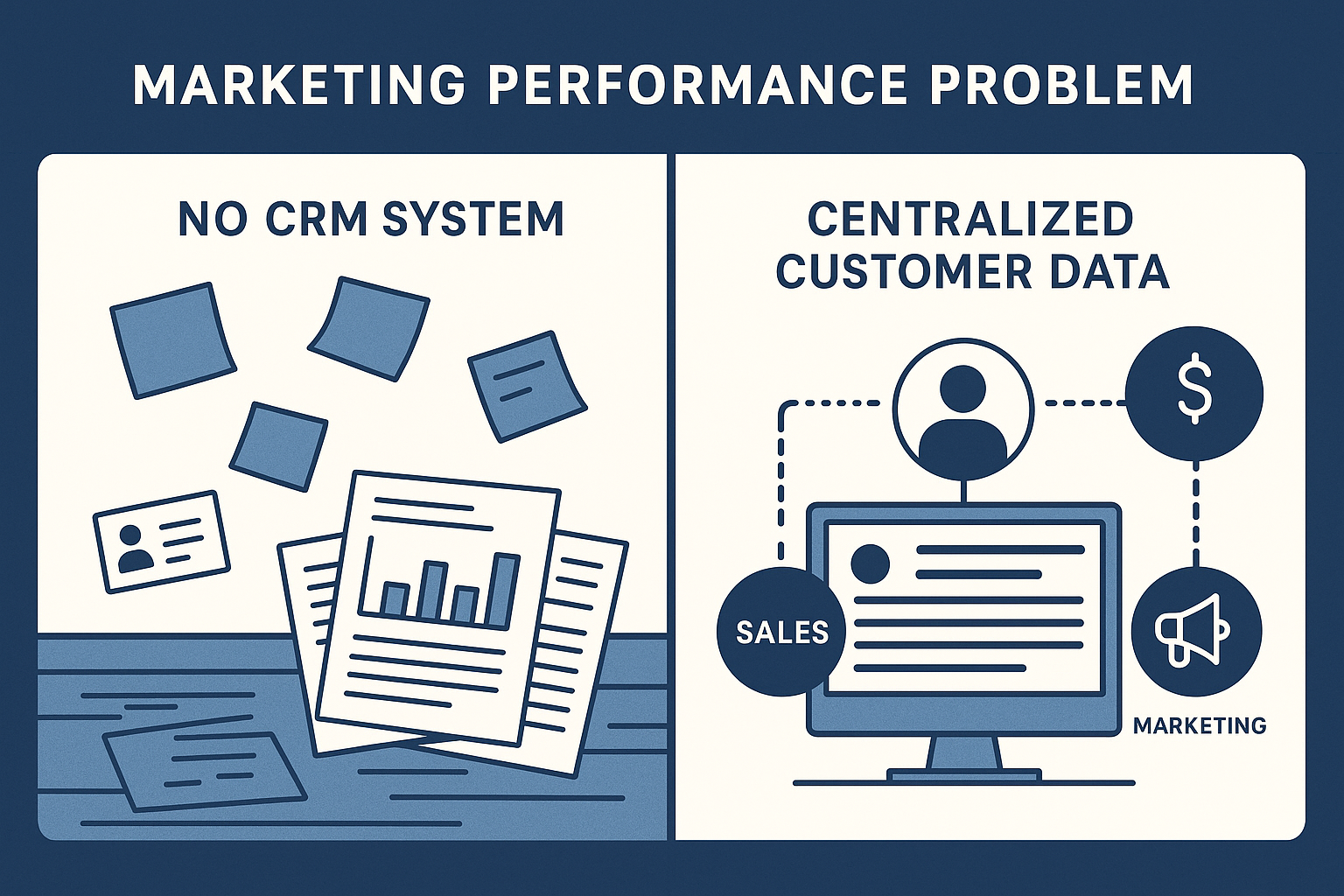 Infographic contrasting a cluttered desk with scattered notes and spreadsheets labeled ‘No CRM System’ with a clean, organized CRM dashboard labeled ‘Centralized Customer Data,’ illustrating the marketing performance problem for CEOs.