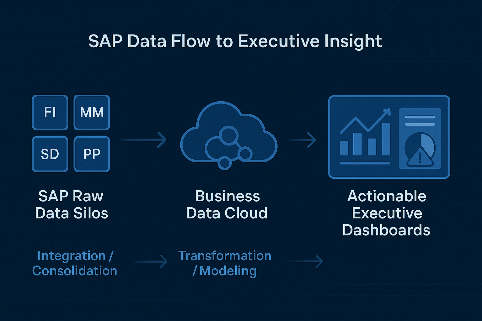 Flow diagram illustrating SAP data integration from multiple data silos and modules through a unified business data cloud and harmonized KPIs to actionable executive dashboards. Visual highlights the path from raw SAP data to business intelligence, executive analytics, and trusted insight for leadership decision-making.
