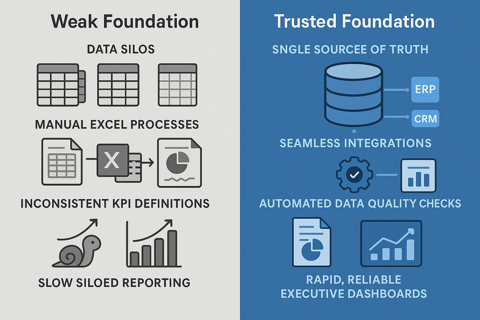 Split visual comparing weak data foundation marked by silos, manual processes, and inconsistent KPIs, versus trusted data foundation showing integration, automated data quality, and unified KPIs—aids executive decision-making and analytics trust.