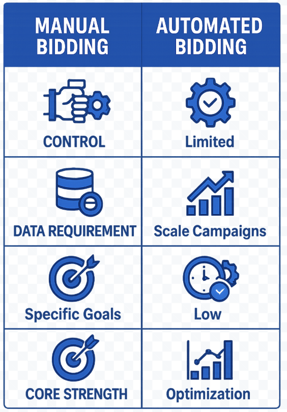 Infographic table comparing Manual Bidding and Automated Bidding in Google Ads across core features: control, data requirement, best use case, time investment, and core strength, using bold blue icons and a modern business look.