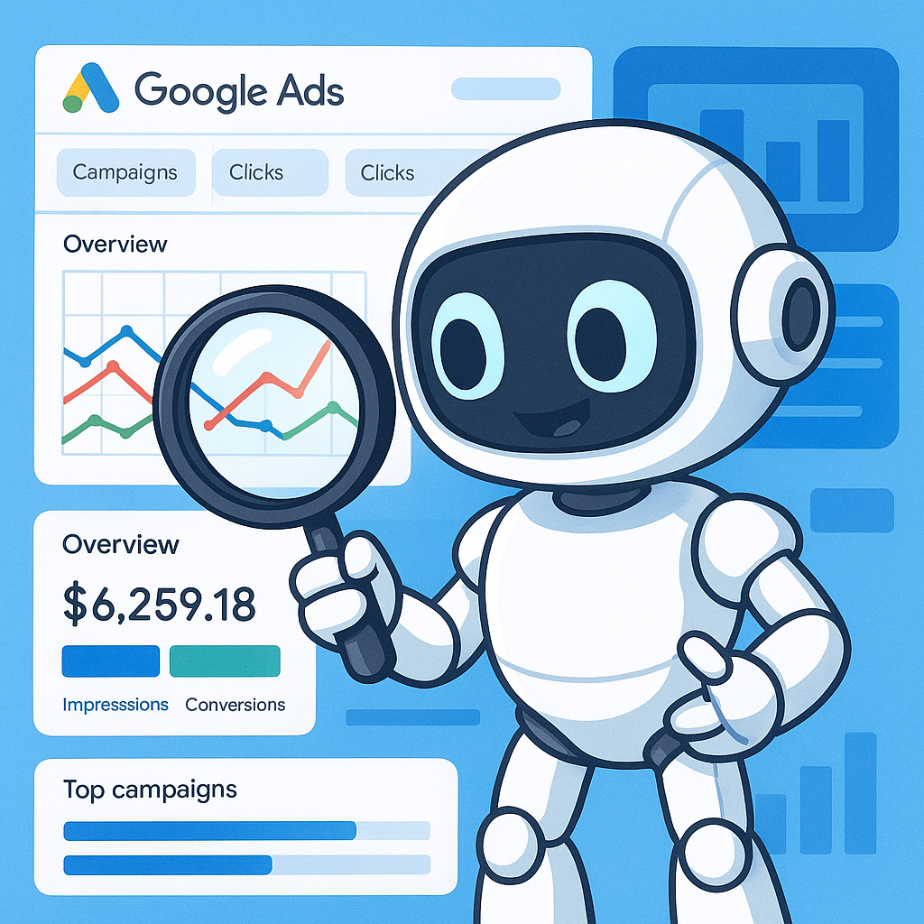 Friendly robot mascot with expressive digital eyes holding a magnifying glass, interacting with Google Ads campaign dashboards, data charts, and performance metrics. The design uses a high-tech, welcoming style with blue professional accents.