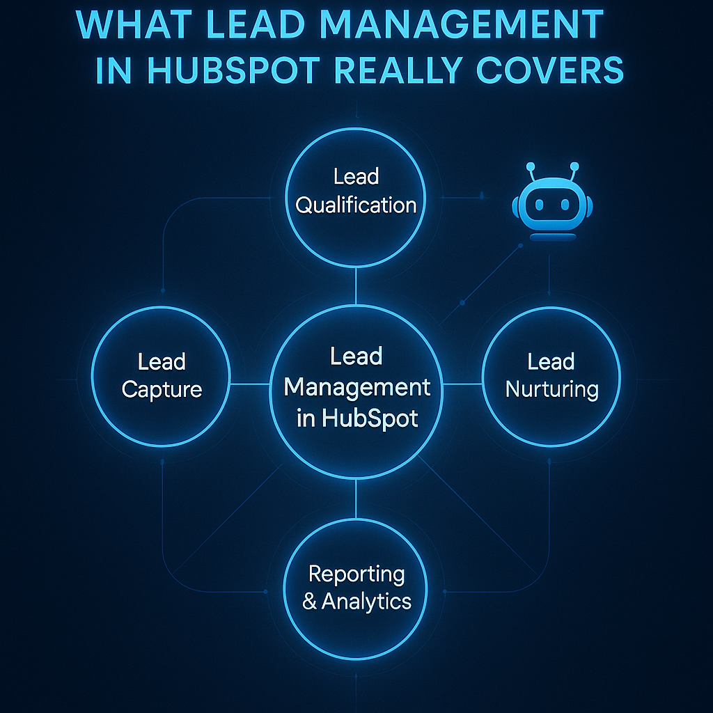 High-tech blue hub and spoke diagram titled What Lead Management in HubSpot Really Covers, showing lead capture, lead qualification, lead nurturing, sales handoff, and reporting and analytics as core components of lead management in HubSpot, with a small friendly robot indicating automation.