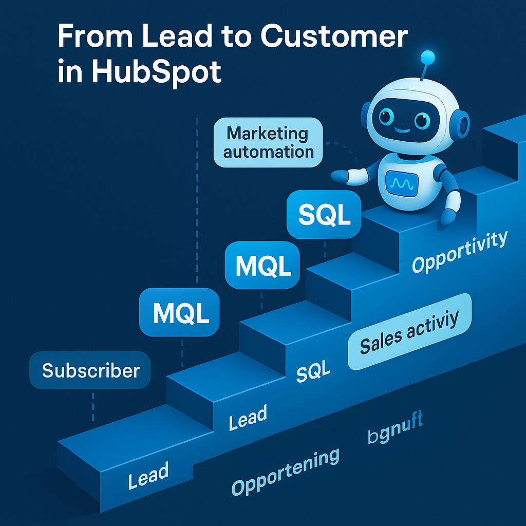 High-tech blue lifecycle funnel titled From Lead to Customer in HubSpot, showing stages from subscriber and lead through MQL and SQL to opportunity and customer, with MQL and SQL highlighted and a friendly robot monitoring the marketing-to-sales handoff as part of lead management in HubSpot.