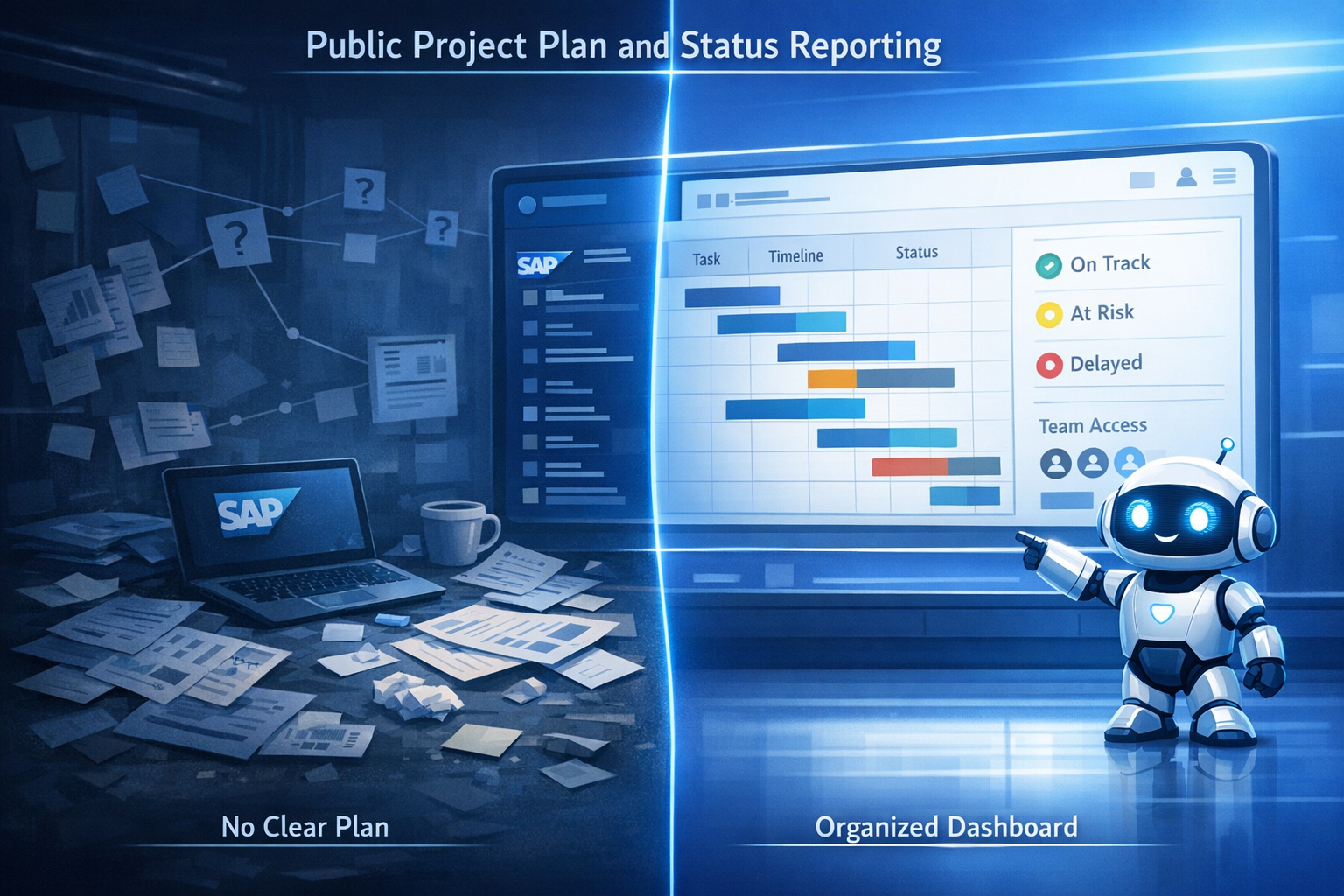 High-tech blue comparison graphic contrasting an unstructured SAP project without a public plan against a centralized project dashboard with shared Gantt chart and status reporting.